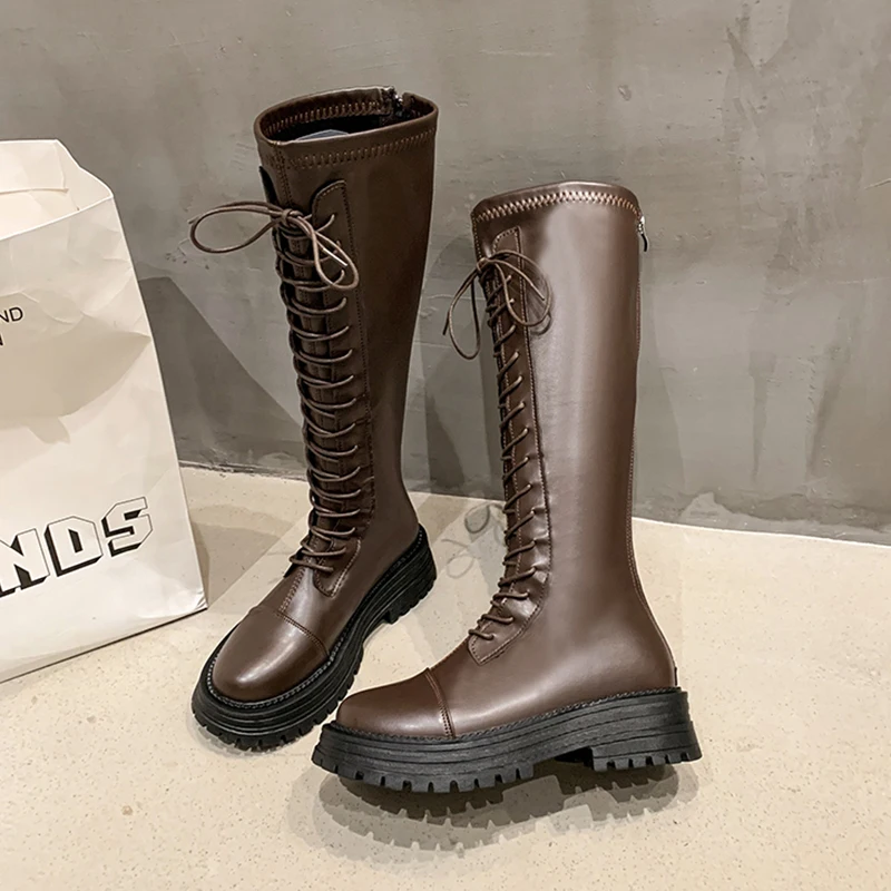 الشقق منصة النساء حذاء برقبة للركبة أحذية الدانتيل الشتاء موضة الدافئة الثلوج بوتاس 2025 تشغيل أحذية مشي تشيلسي الأحذية Mujer