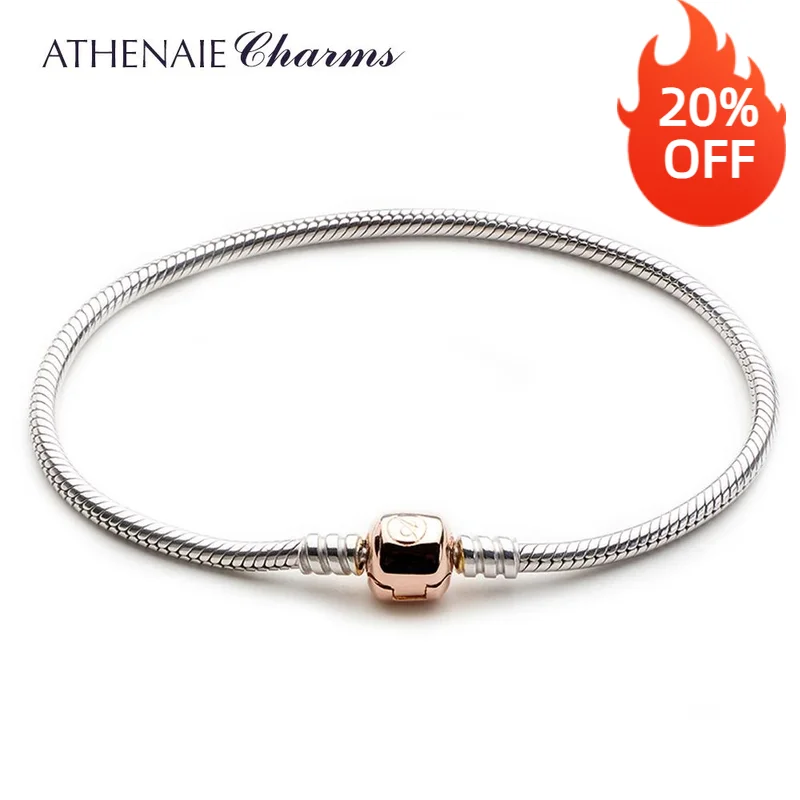 ATHENAIE 925 Sterling Silver Snake Chain Bracelet With The Lock is Rose Gold Fit All European Charm Beads DIY Jewelry