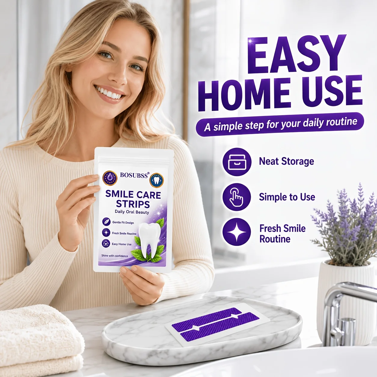 BOSUBSS 6/10 Stück Trockene Smile Care Strips, Obere & Untere Lila Strukturierte Streifen für Tägliche Mundpflege und Einfache Heimanwendung – Detail 5