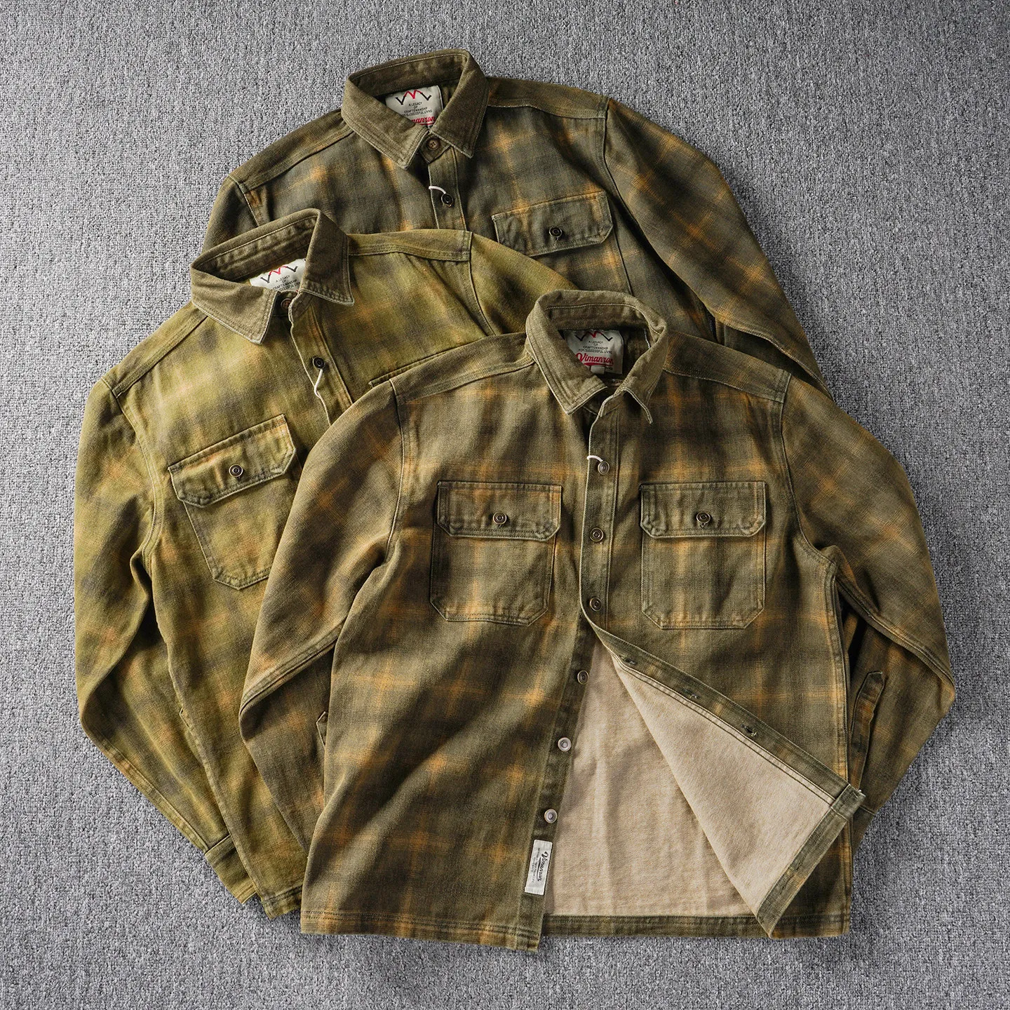 100% cotton thick woven washed distressed plaid workwear long-sleeved shirt men's khaki trendy youth shirt jacket