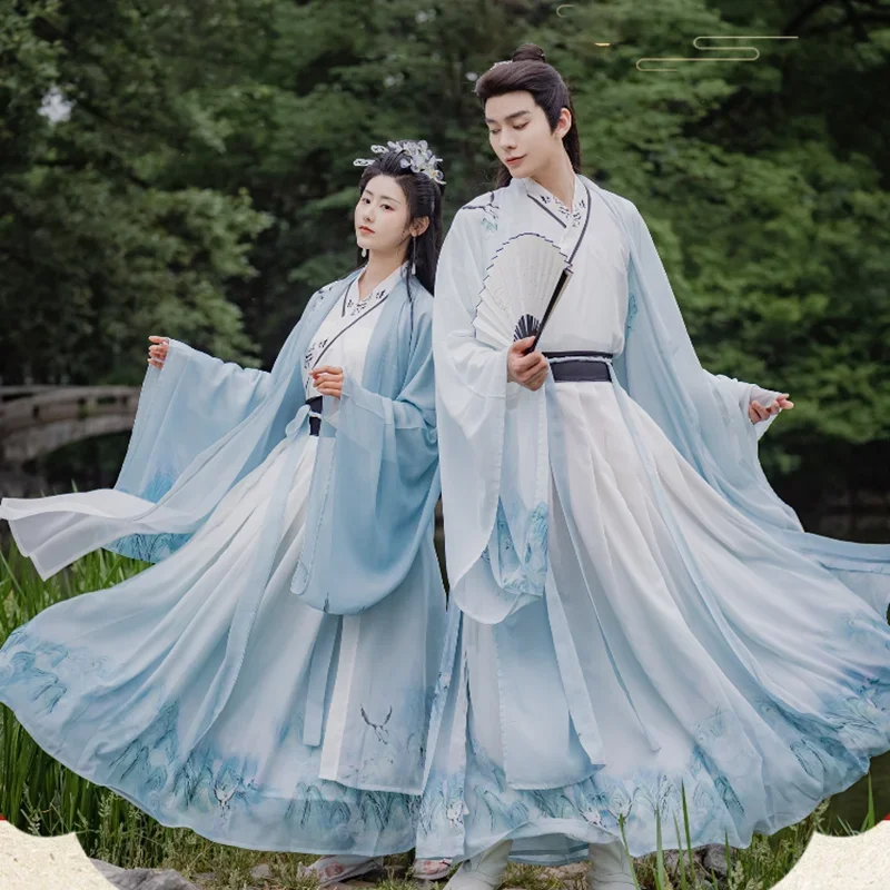 

Hanfu парные китайские традиционные костюмы для косплея древние Hanfu градиентные синие 3 шт. Наборы для мужчин женщин плюс размер 2XL