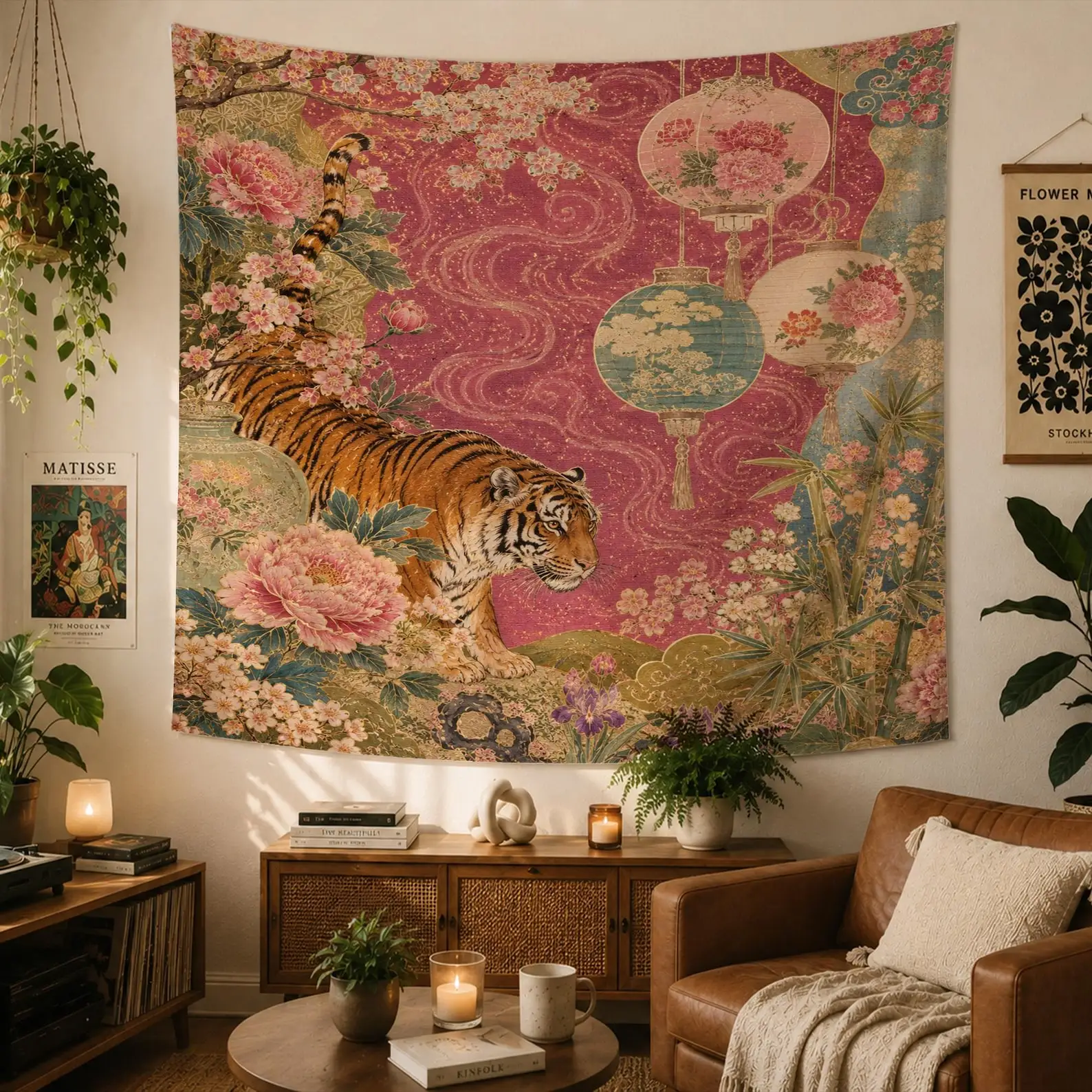 Large Bohemian Tiger Floral Tapestry Wall Hanging Boho Chic Tropical Jungle Art Home Decor Tapestry