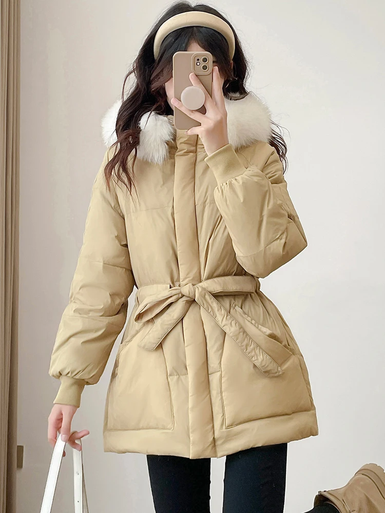 Parka femminile invernale 90% piumino d'anatra bianca grande collo in vera pelliccia di volpe con cappuccio caldo cappotto di piume da donna capispalla