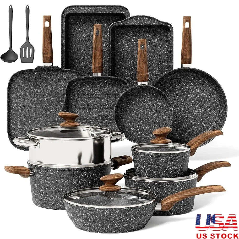 

17 Piece Granite Non-stick Cookware Set Induction Compatible Pots Pans Kitchen Utensils Safe Easy Clean Healthy Cooking