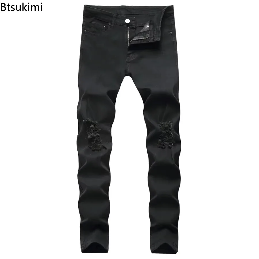 New Men's Hole Denim Pants Tide Brand Ruined Hole Jeans Solid Slim All-match High Street Hip Hop Trousers Solid Color Large Size