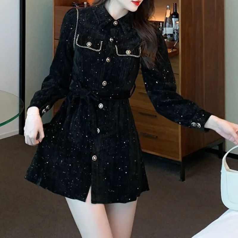 

Small Fragrance Black Shiny Velvet Short Dress Women's Autumn Winter French Waist Slim Casual Long-sleeved Polo Neck Mini Dress