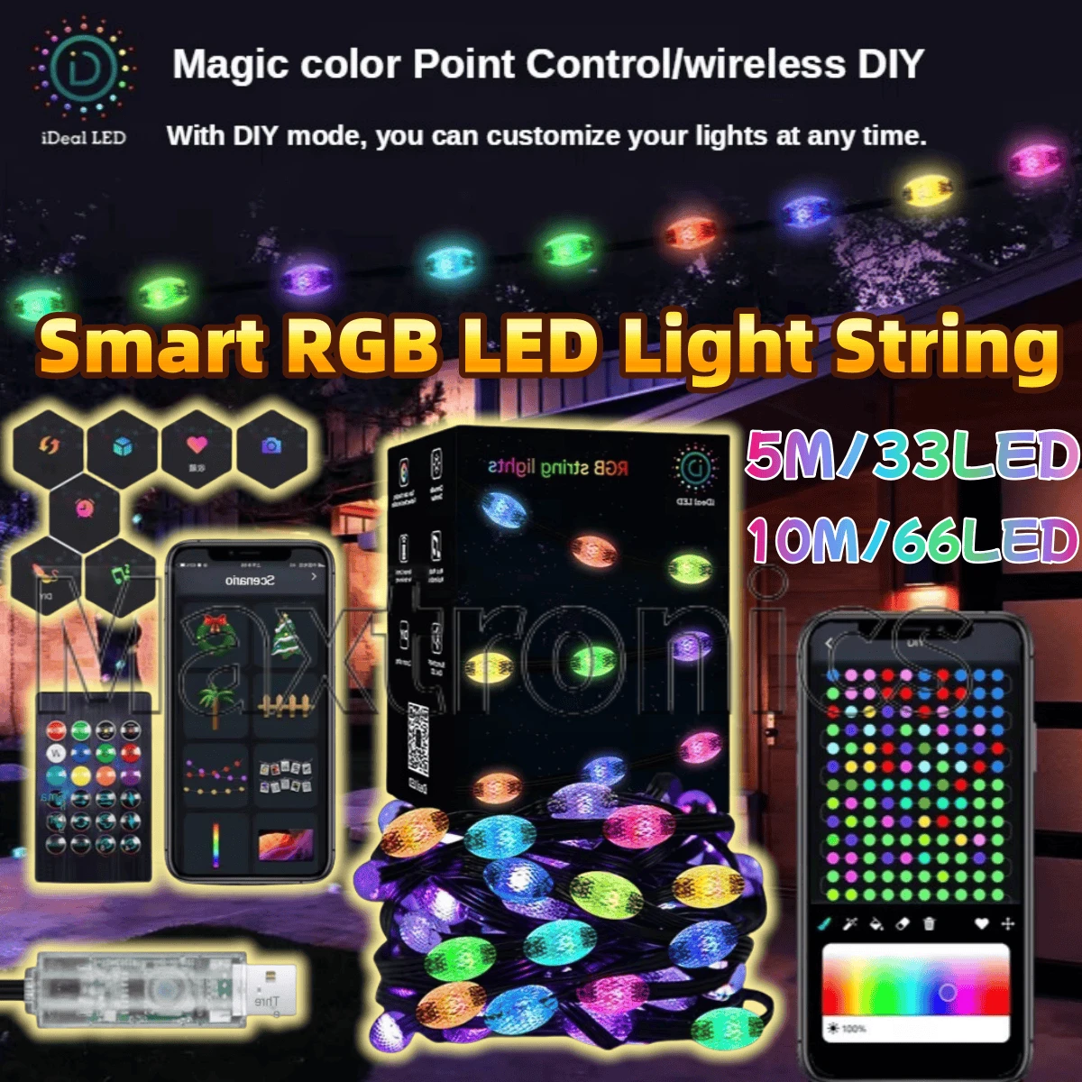 

5M/10M Smart RGB LED Light String 33/66LEDS DIY Graffiti Effect for Waterproof Garden Decor Festival Party Christmas Fairy Lamps
