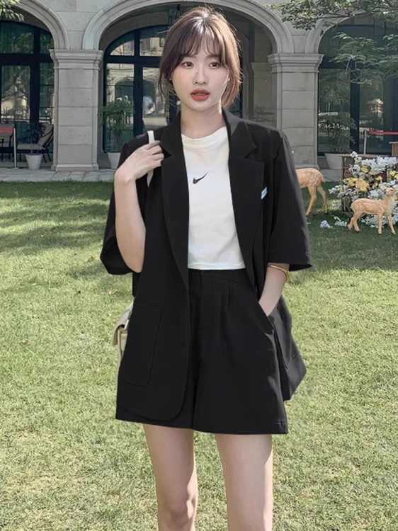 플러스 사이즈 통근복 슈트 상하 세트 여성 여름 슬리밍 캐주얼 투피스 세트 패셔너블 한국 스타일 슬림핏 반팔