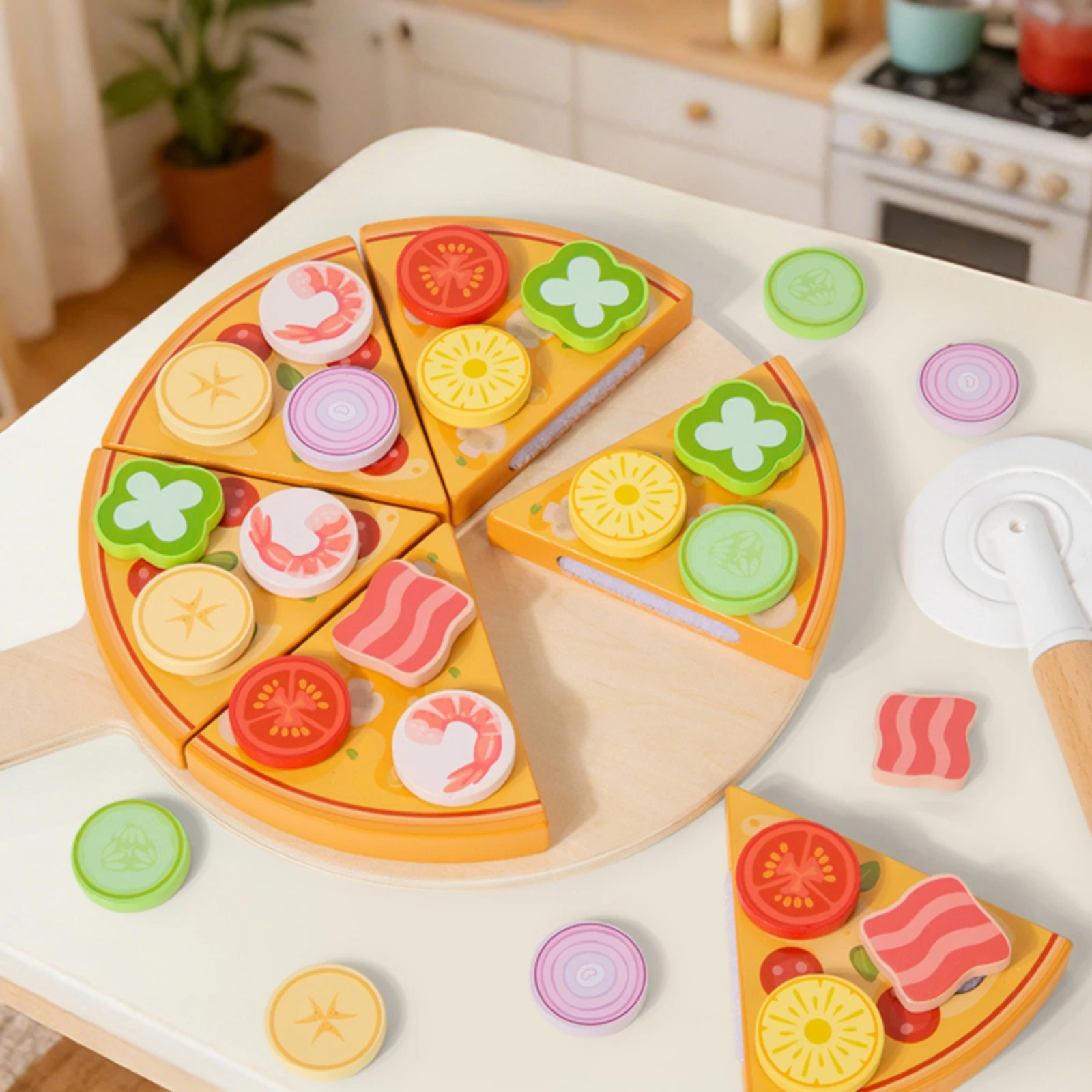 Wooden Pizza Play Set Brightly Colored Wooden Pizza Play Food with Toppings Interactive Long-Lasting for Preschoolers, Playroom