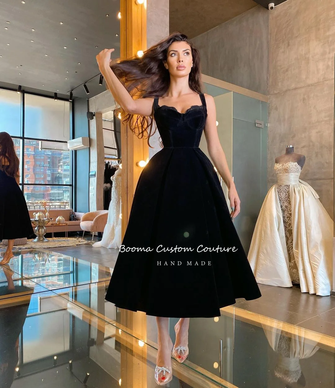 Booma Black Velvet Short Prom Dresses Sweetheart Tea-Length Prom Gown Spaghetti Straps A-Line Formal Party Dresses Customizd