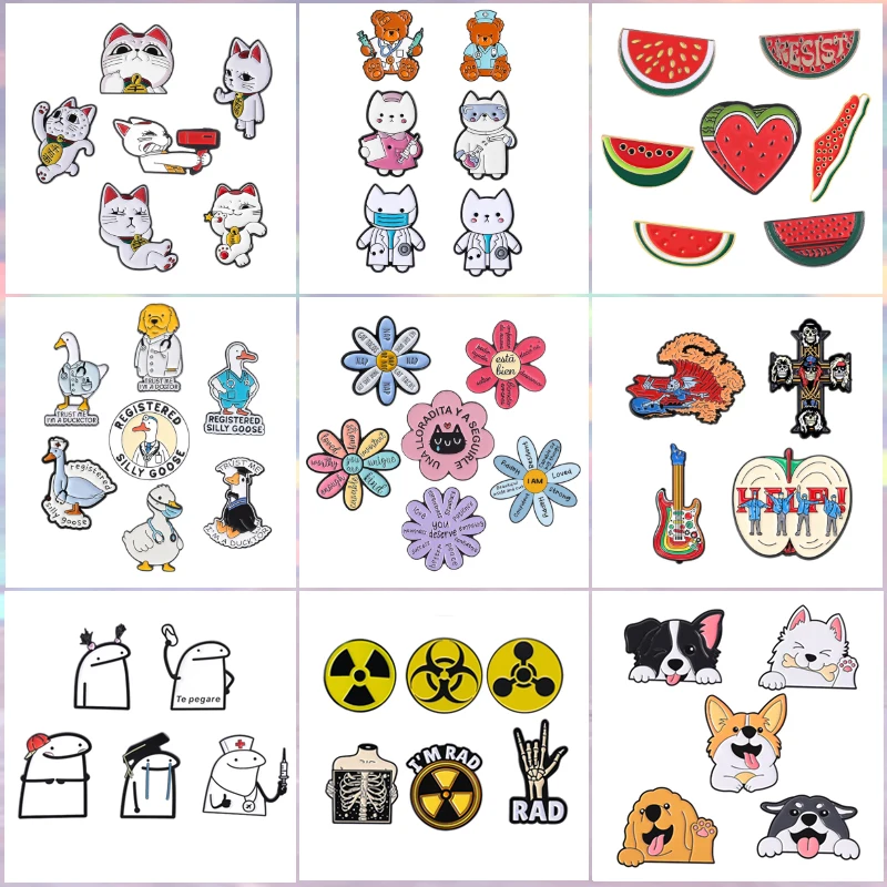 Lot de 4 à 7 épingles en émail Turbo Granny Lucky Cat Flork Meme, badges à citations motivantes, fleurs, animaux, canard docteur, broches, bijoux, cadeau