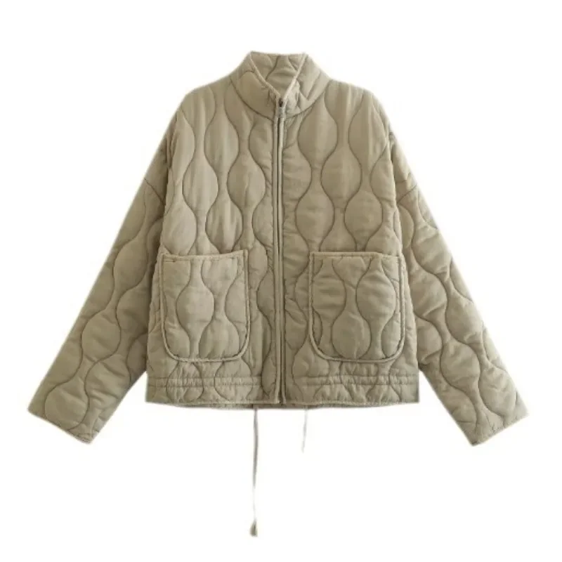 

Women's Fashion Vintage Solid Parkas Quilted Stand Collar Zipper Big Pocket Lace Up Long Sleeves Cotton-padded Women Clothing