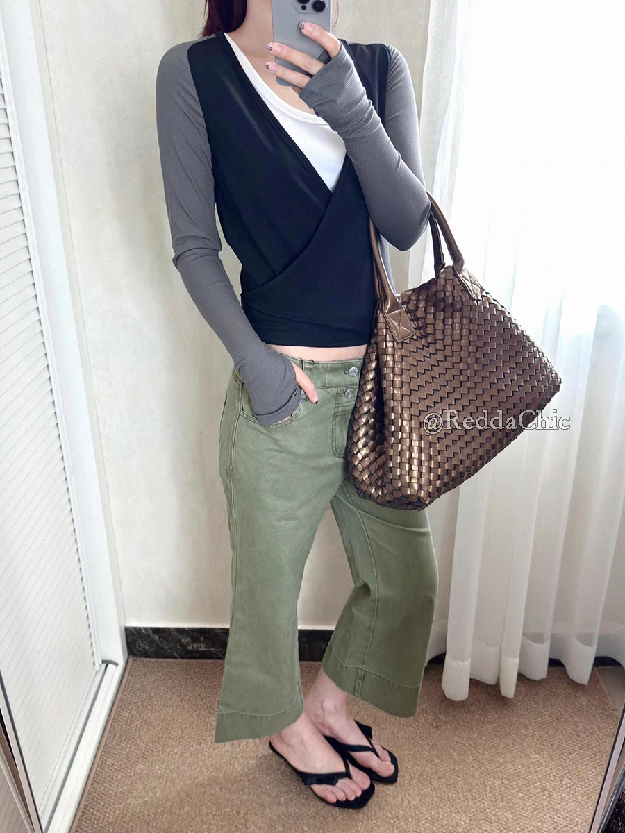 REDDACHiC Pantaloni bootcut corti da donna anni '90 Verde solido Estate Cleanfit Vita alta Doppio bottone Gamba larga Jeans casual Y2k Streetwear