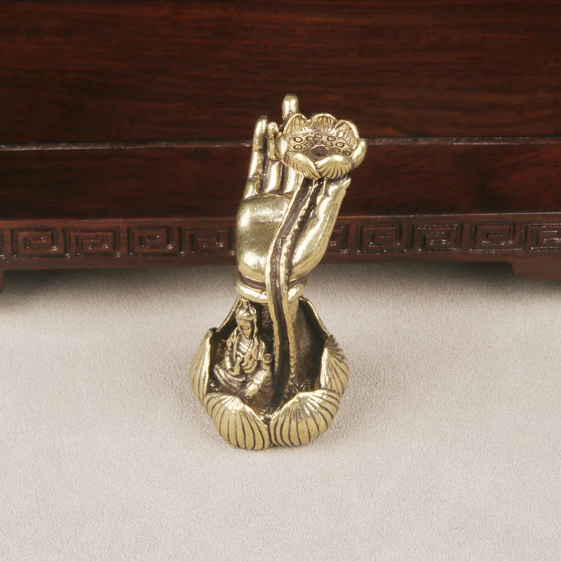 Vintage Brass Guanyin Lotus Buddha Hand Backflow Incense Burner Desktop Decor Zen Copper Craft Tea Pet Antique Collectible Ornam view 5