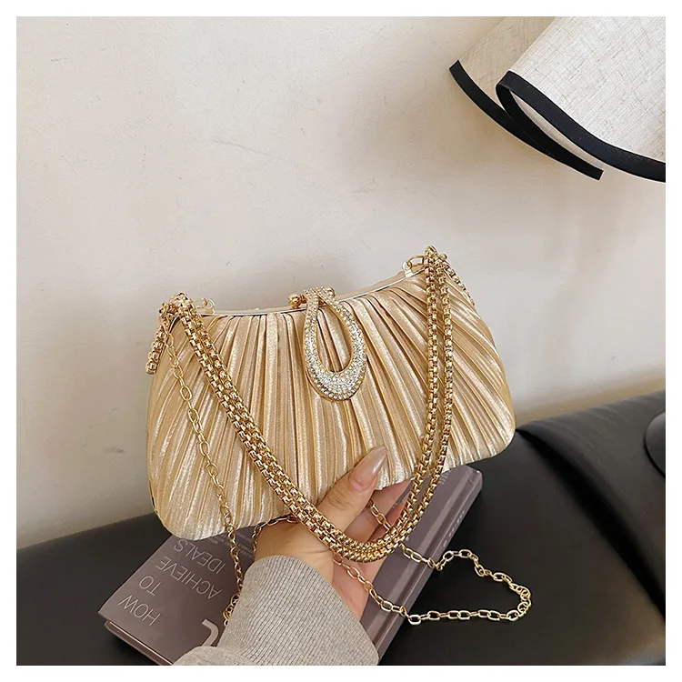 Women's Elegant Satin Evening Bag Pleated Clutch Wedding Purse Chains Party Prom Handbags with Rhinestones for Wedding Bride