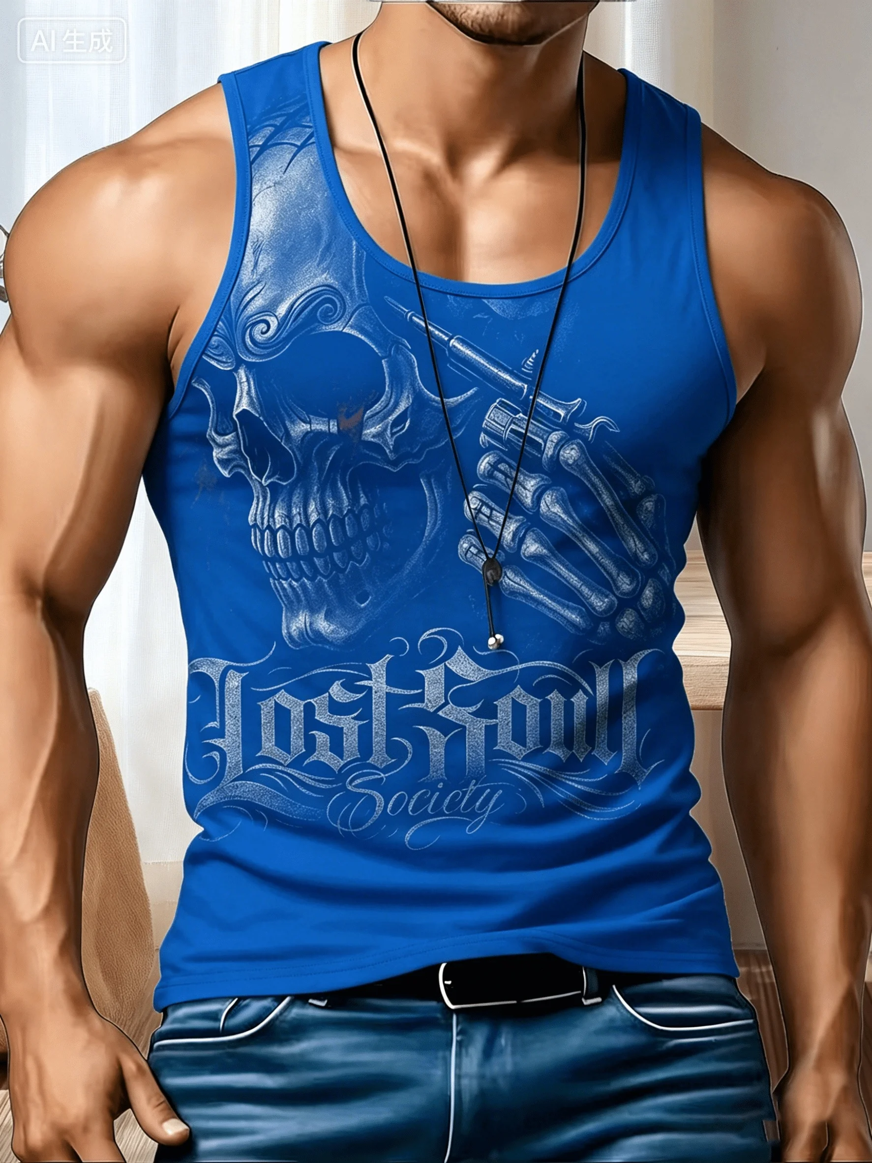 Men's Black Gothic Tank Top, Skull Skeleton Hand Gun Lost Soul Society Graphic Sleeveless Vest For Punk Street Casual Wear
