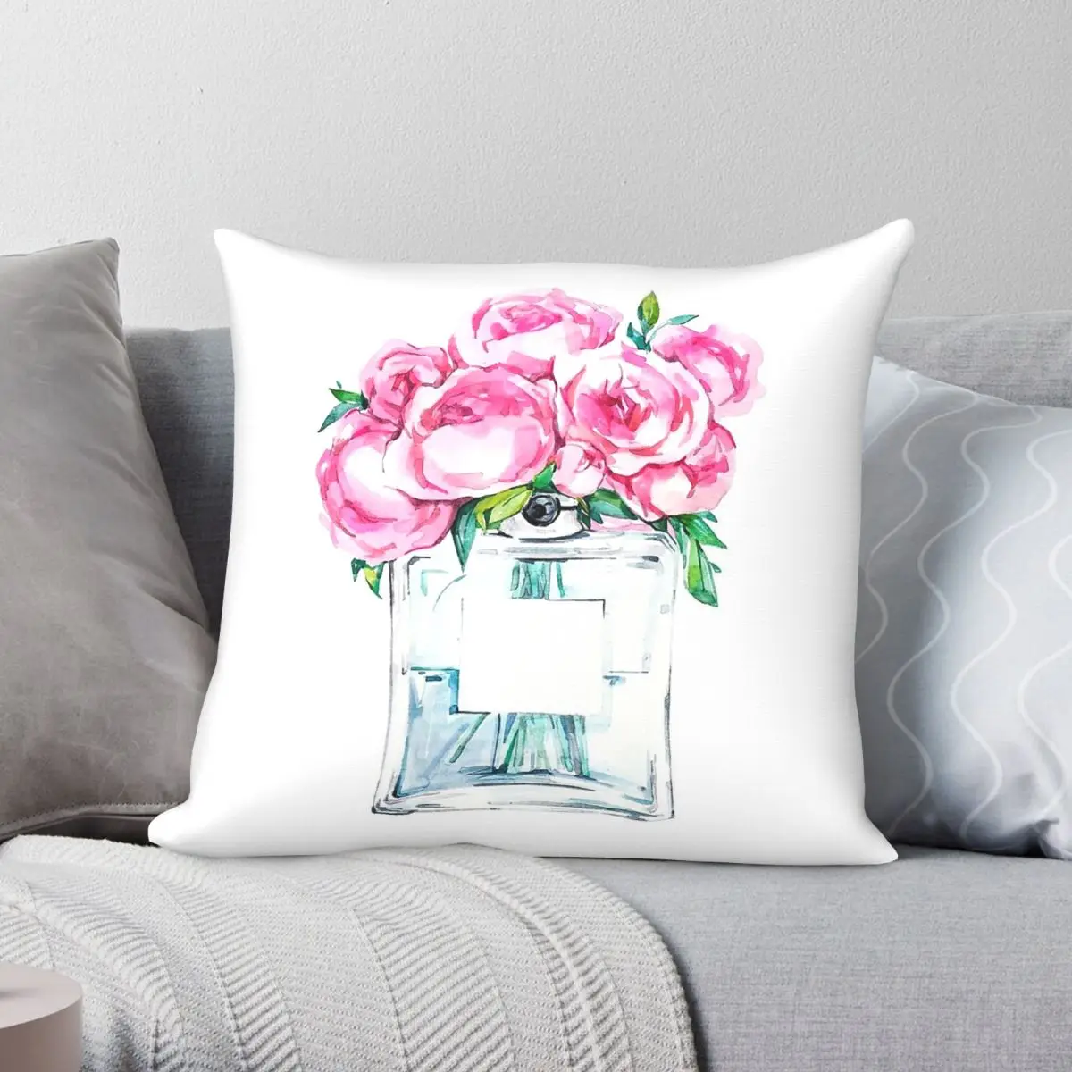 Perfume Bottle Pink Flowers Square Pillowcase Polyester Linen Velvet Pattern Zip Decor Pillow Case Car Cushion Cover Wholesale