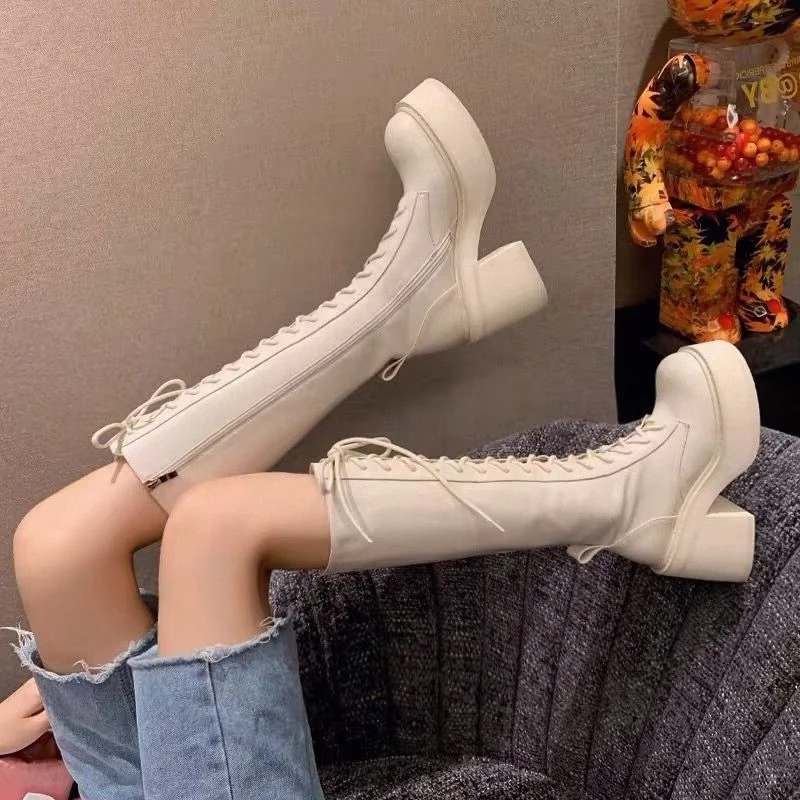 

White Thick Bottom Boots Women's High Tube Knight Boots Winter Small Size Ultra High Heel Long Tube Boots