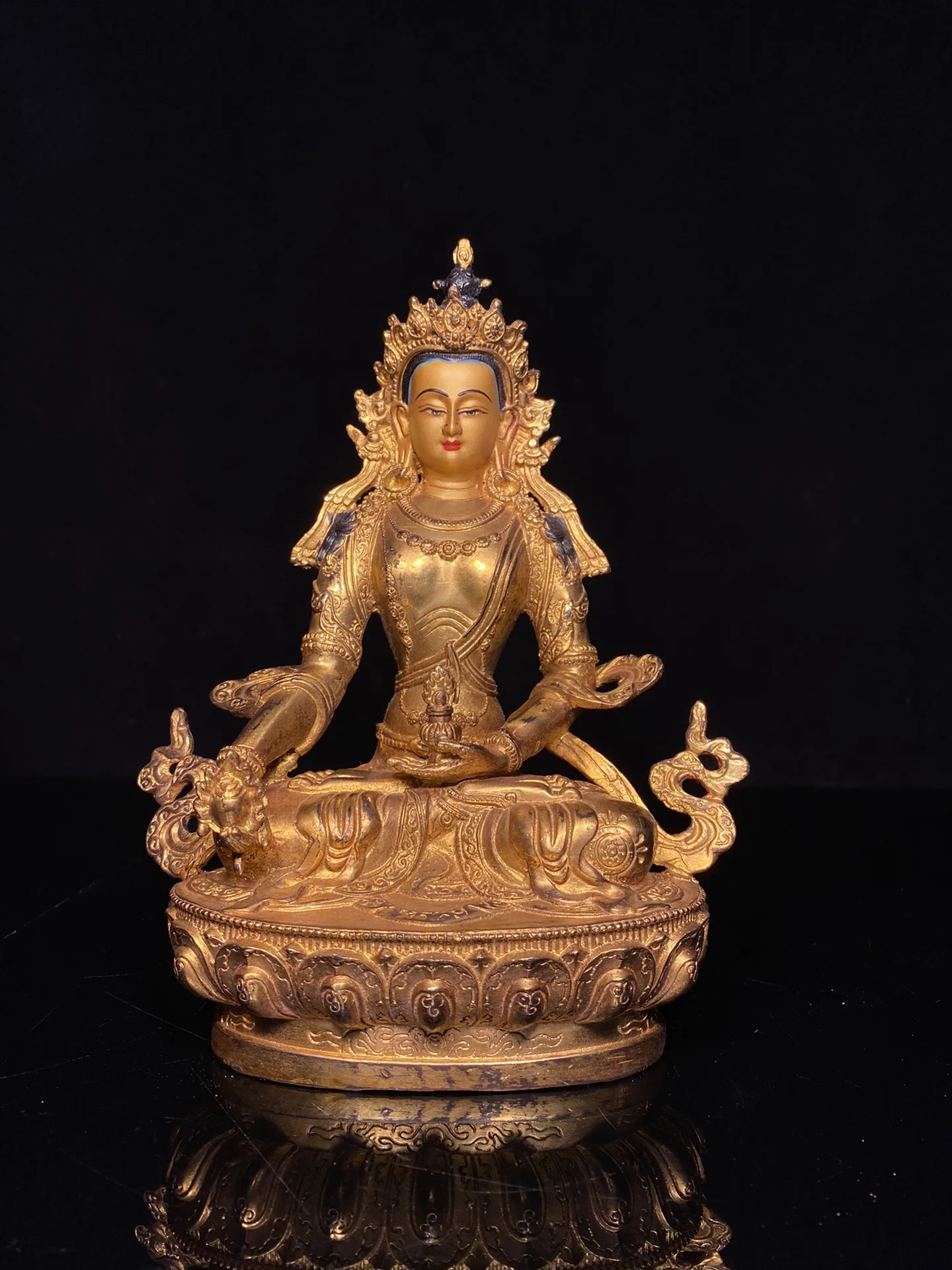 

8"Tibet Temple Collection Old Bronze Gilded Face painting Ksitigarbha Bodhisattva Sitting Buddha Worship Hall Town house