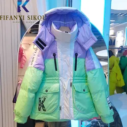 2023 Winter Jacket Women Hooded Patchwork Down Jacket Letter Print Fashion Pocket Zipper Spliced Cotton Coat Warm Parkas Female