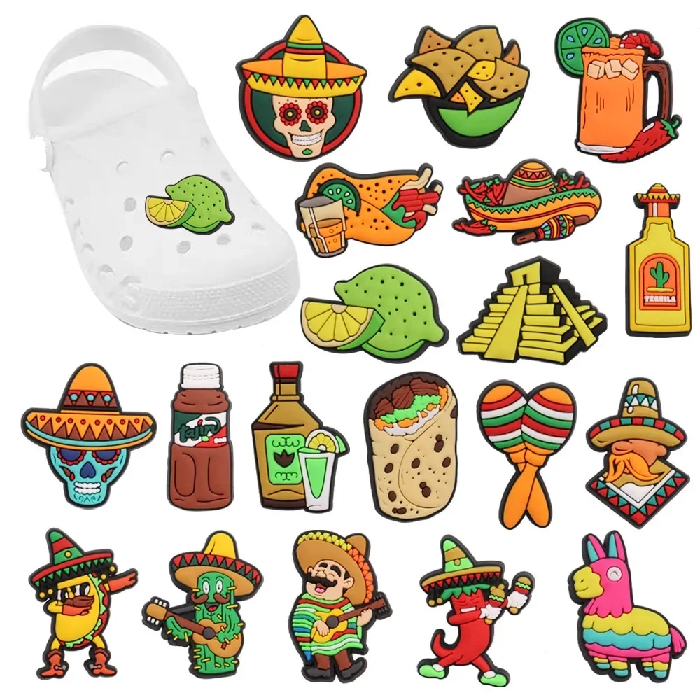 Mix 50pcs PVC Tacos Hat Horse Mexico Corn Flakes Drinks Cactus Wine Chili Lemon Shoe Charms Hole Slipper Decoration Accessories 