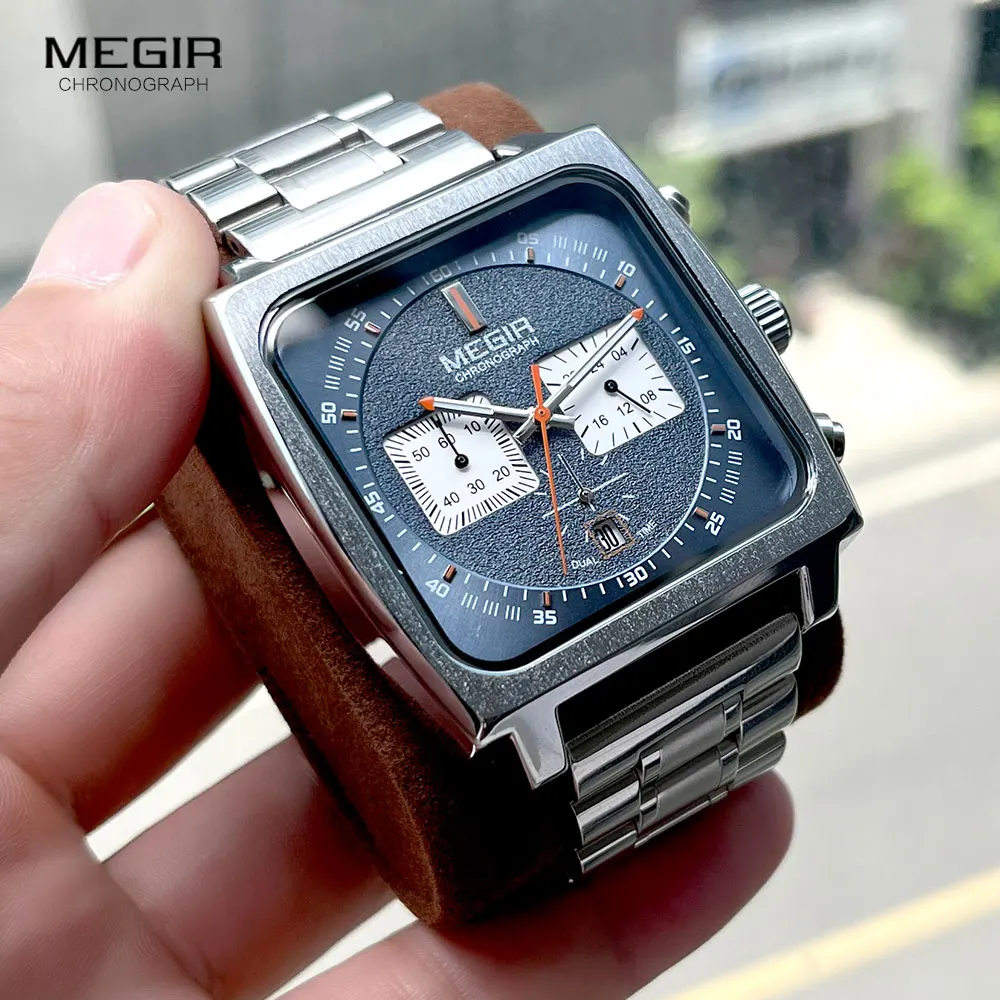 

MEGIR Sport Quartz Watch Men Silver Blue Chronograph Dress Wristwatch with Stainless Steel Band Auto Date Luminous Hands 24-hour