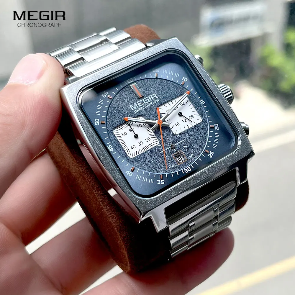 MEGIR Sport Quartz Watch Men Silver Blue Chronograph Dress Wristwatch with Stainless Steel Band Auto Date Luminous Hands 24-hour