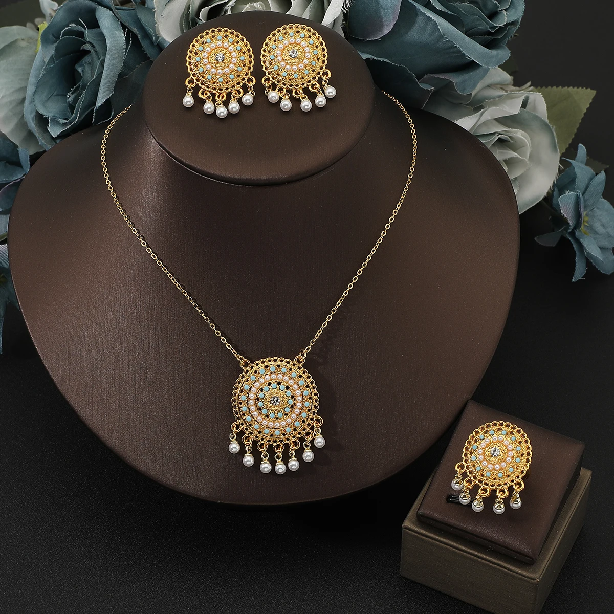 Stainless Steel Jewelry Set vintage golden pearls Necklace Earrings ring Exaggerated Jewelry Set For Women Jewelry Gifts