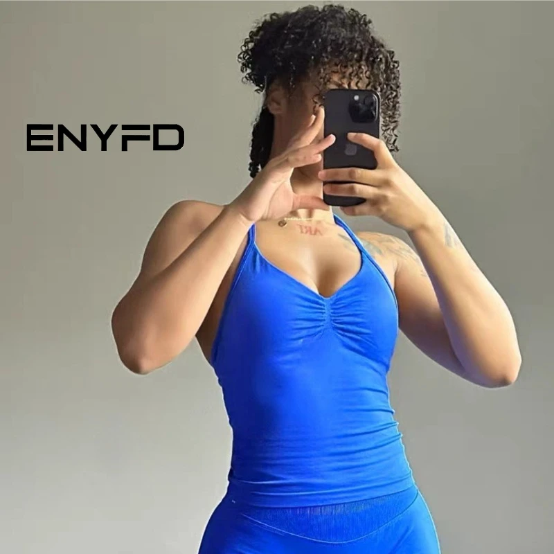 ENYFD Power Women's Longline Strappy Yoga Top with Built-in Bra Seamless High Elastic Quick-Dry Sports Shirt, Gym Activewear