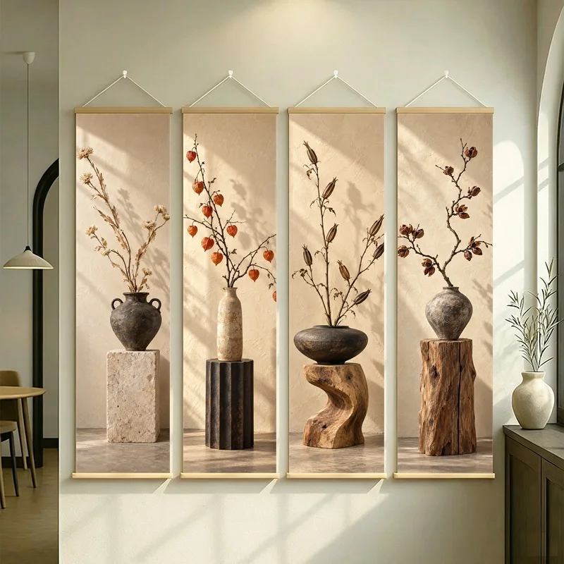 Wall Decor Magnolia Pod and Okra Pod, Natural Wabi-Sabi Botanical Silver Shimmer Canvas Hanging Scroll for Zen Sanctuary