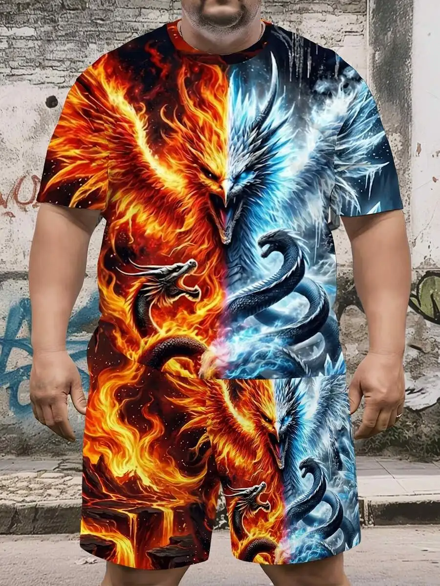 

Mens Plus Size Flame And Ice Mythical Dragon Print T-Shirt And Shorts Set Casual Loose Fit Summer Outfit