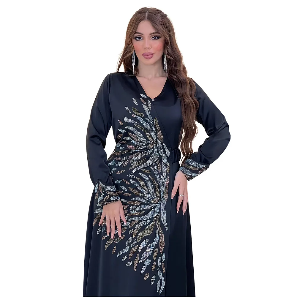 

Eid Mubarak Djellaba Women Diamonds Satin Wrap Dress Dubai Evening Party Gown Muslim Abaya Turkey Kaftan Robe Jalabiya Kebaya