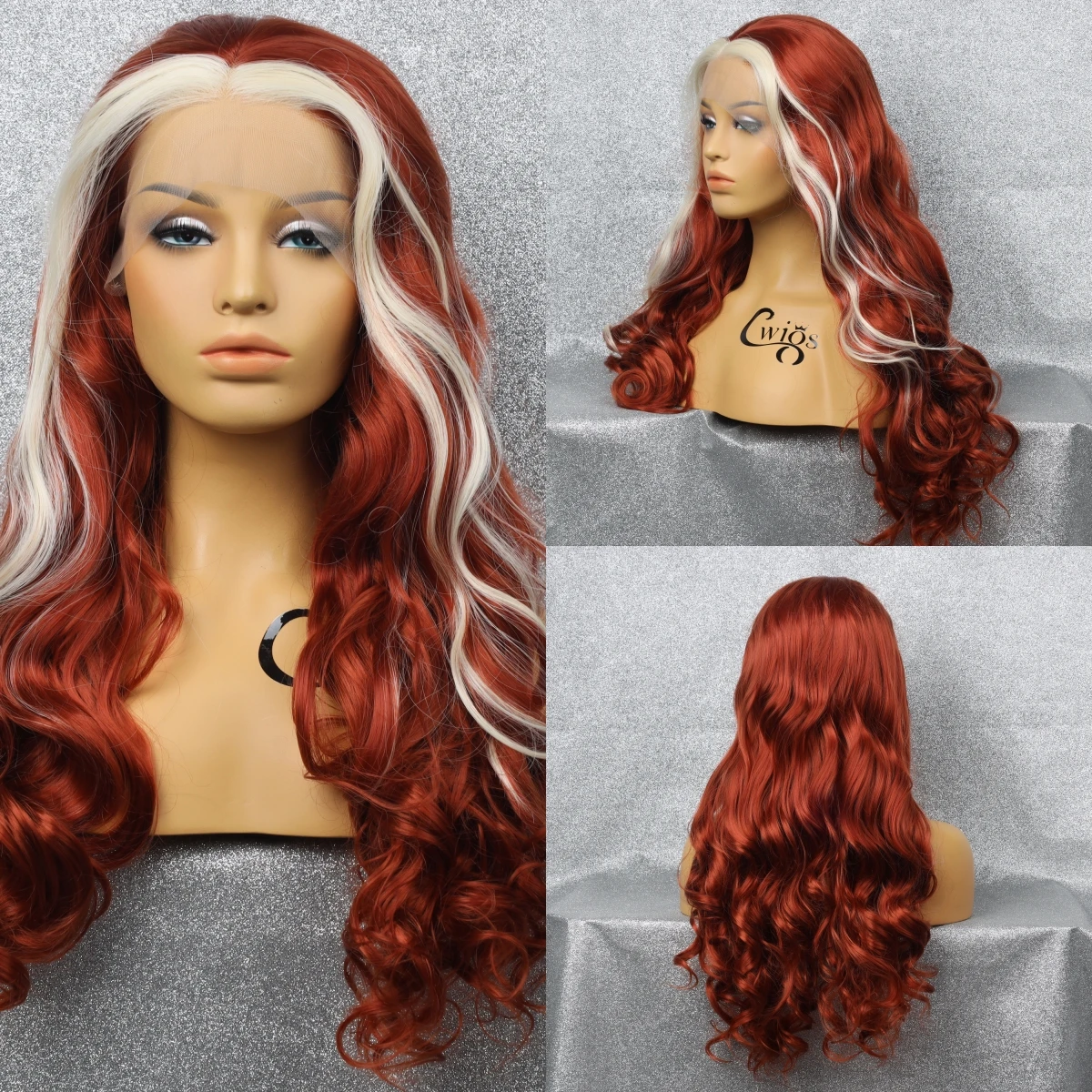 CWIGS Front Lace Synthetic White and Red Body Wave Wig Women's Natural Bangs Mesh Cap Lightweight Breathable Cosplay Wig