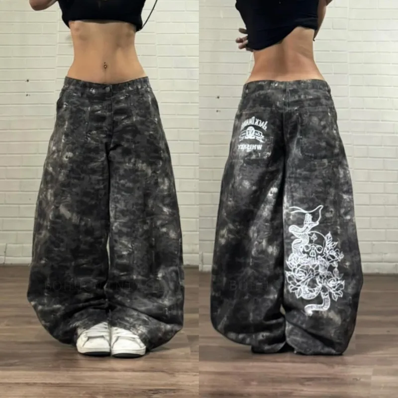 Y2K American New Fashion Camouflage Letters Embroidered Baggy Jeans Women Gothic Hip-hop Casual Joker Wide-leg Pants