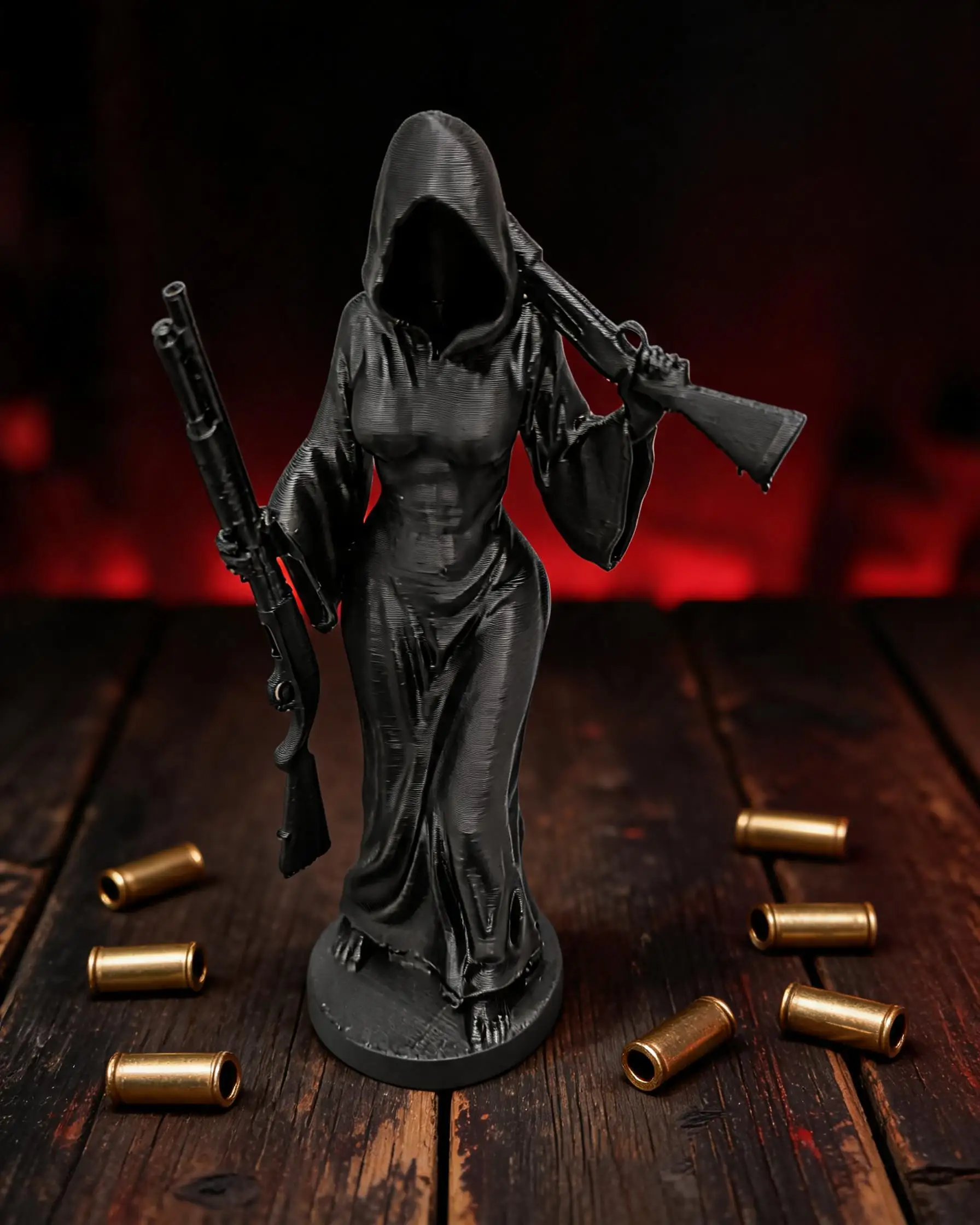 Faceless Hooded Female Hunter With Double Shotguns 3D Printed Decor Figurine