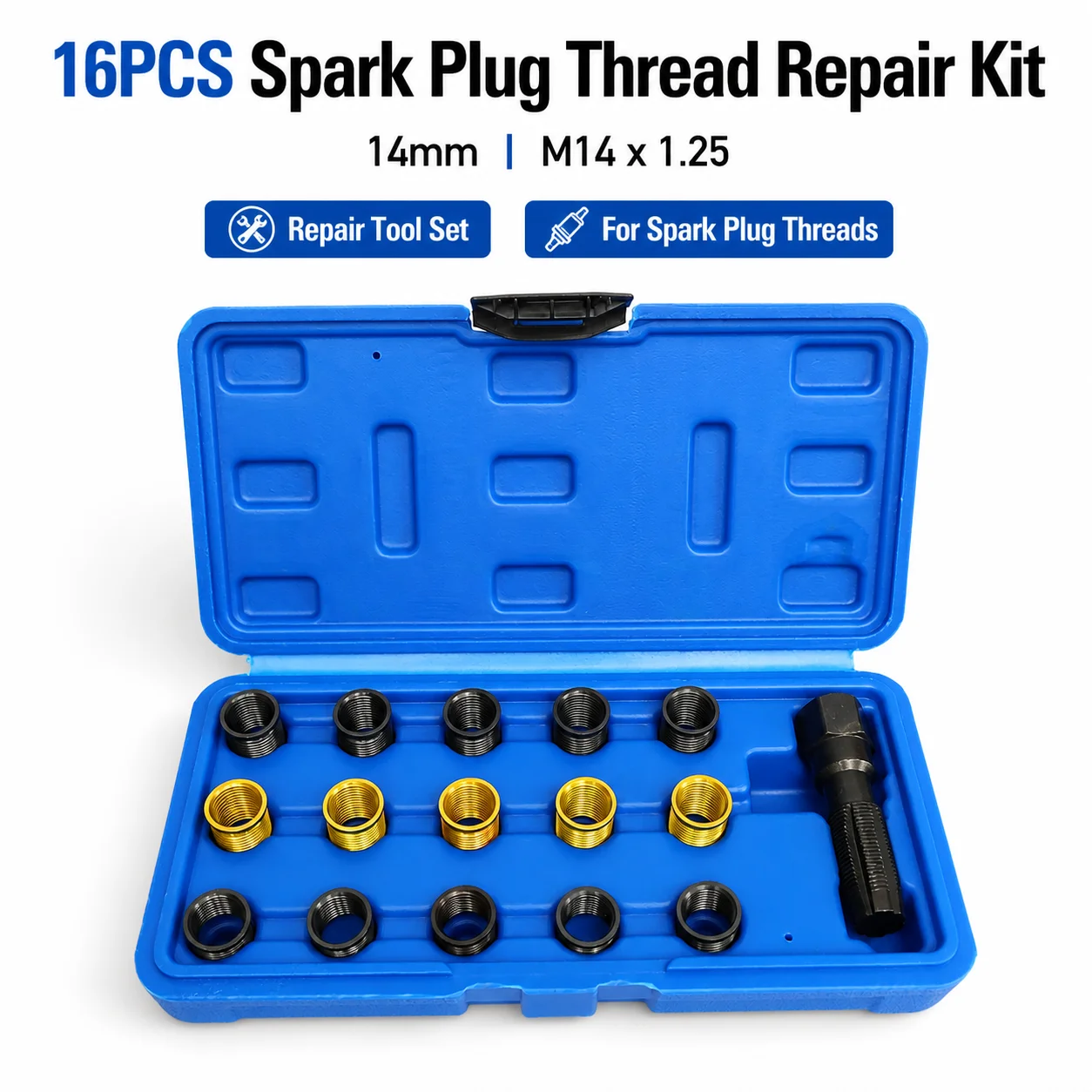 

16Pcs M14 x 1.25 Spark Plug Thread Repair Kit Cylinder Head Rethread Tap Tool Set Helicoil Inserts for Auto Motorcycle Engine