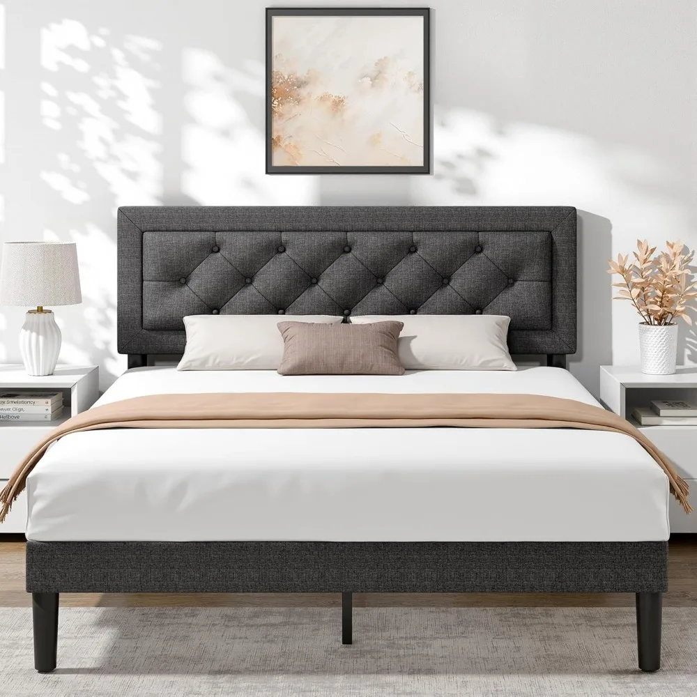 Queen Size Upholstered Button Tufted Bed Frame with Wood Slat Support and Headboard