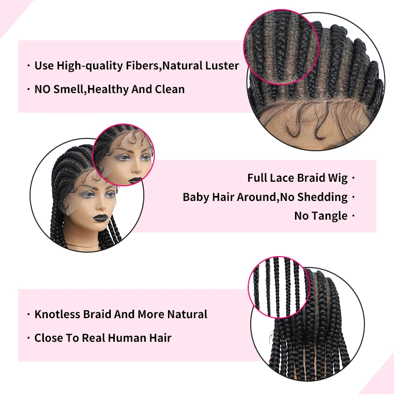 باروكات مضفرة من الدانتيل بالكامل مقاس 36 بوصة للنساء، ضفائر كورنو صناعية طويلة مع شعر أطفال، شعر مستعار أسود أفريقي