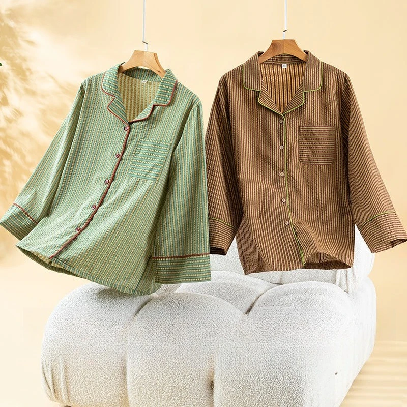 Women's Cotton Striped Pajama Set Notched Lapel Contrast Piping Loose Button Down Sleepwear Long Sleeve Pants Home Wear