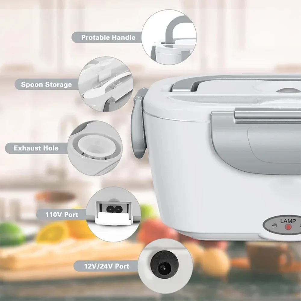 سخان صندوق الغداء الكهربائي 3 في 1 - تسخين سريع 12 فولت/24 فولت/110 فولت حاوية طعام محمولة للبالغين، سائقي الشاحنات وعمال المكاتب