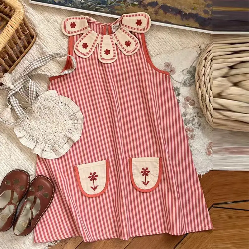 Striped Dress Casual Fashionable Cute and Sweet New Summer Embroidered Petal Collar Striped Sleeveless Dress