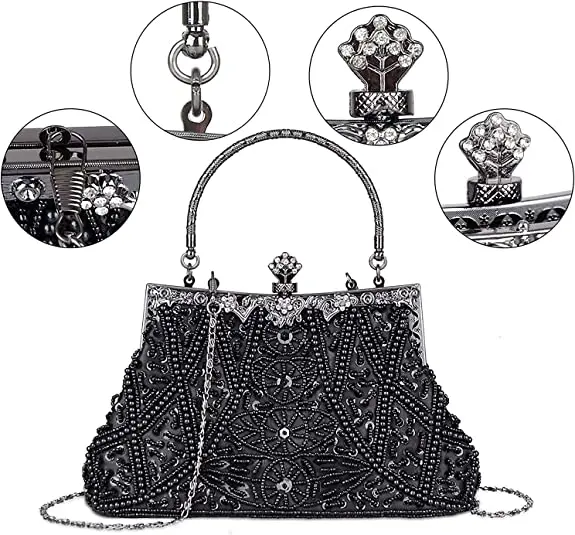 Lost in Vintage Clutch Handbag Beaded and Sequin Kiss-lock Closurer Shoulder Bag Crossbody Detachable ChainProm Evening Party