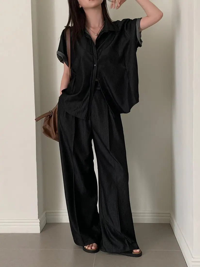 

Summer 2025 Trendy Two-Piece Set Korean Casual Single-Button ort-Sve Denim irt Wide-Leg Pants Casual Faion Ensemble