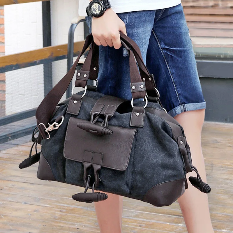 

European And American Fashion New Canvas Women Bag Retro Horizontal Square Leather Patchwork Large Capacity Travel Bag For Women