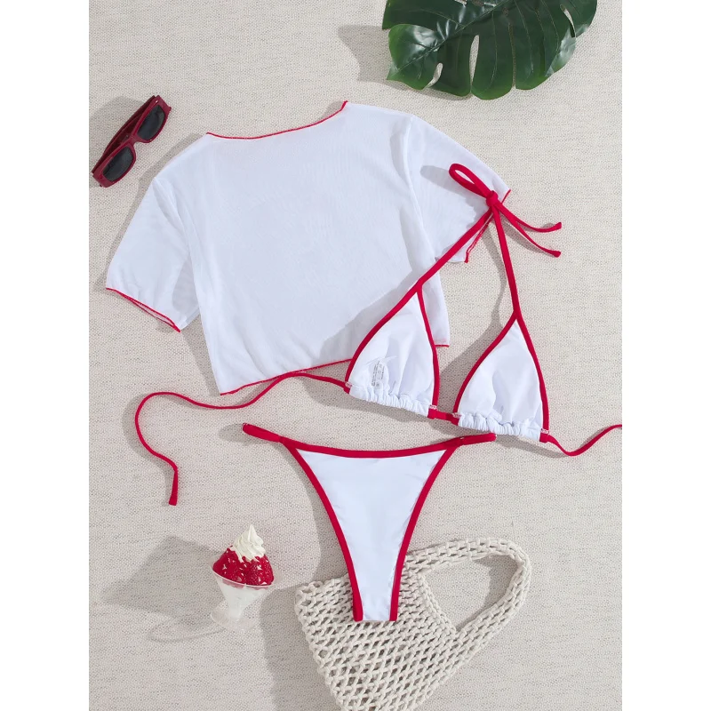 2025New Floral Print Sexy Pure Desire Three-Piece Swimsuit French Tie Halter Swimsuit Floral Swimsuit Set