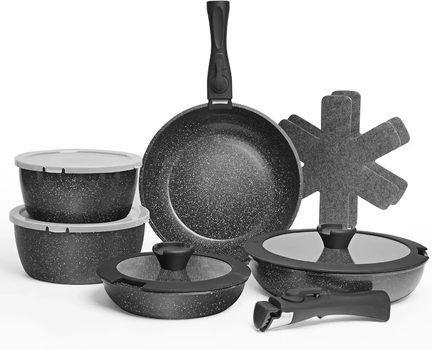 

Pots and Pans Set - 13PCS Aluminium Non Stick Cookware, Black, Oven Safe, PTFE/PFAS/PFOA Free, Detachable Handle