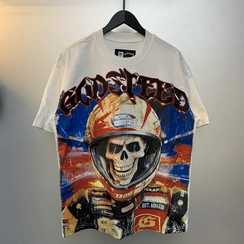 New High Street Niche Brands GOD SPEED Crew Neck T-shirt Skull Racer T-shirt Prints Men's Women's Casual Base Tops