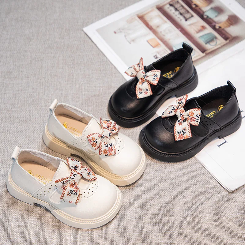 2024 New Girls Leather Shoes for School Party Fashion Bowknot Kids Loafers Slip-on Children Flats British Style Mary Jane Shoes