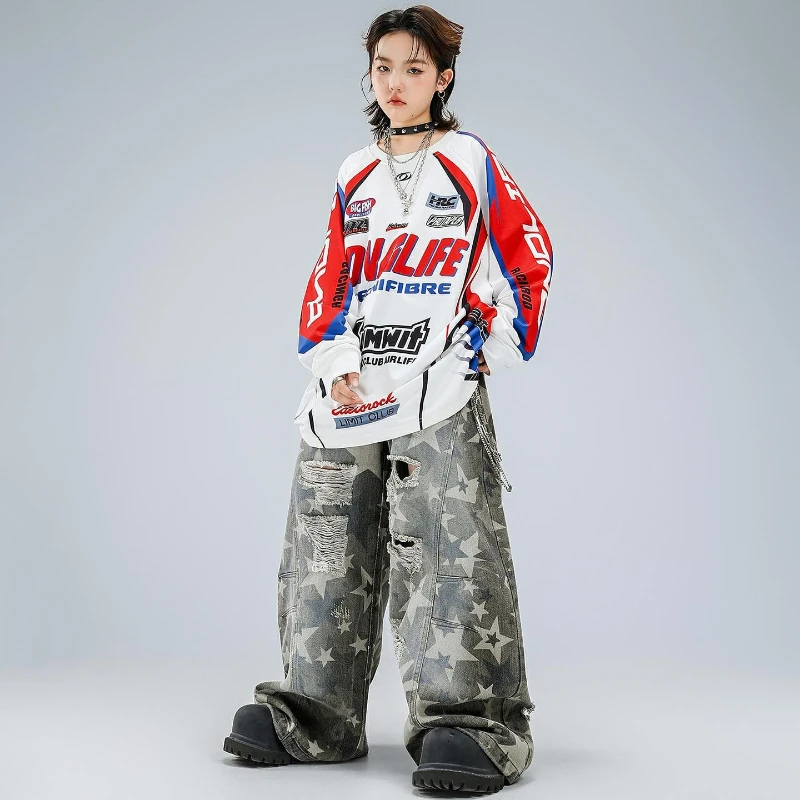 

Boys Hip Hop Clothing Print Sweatshirt Top Denim Ripped Pants Baggy Jeans Fashion Jazz Dance Wear Costume Group Stage Clothes