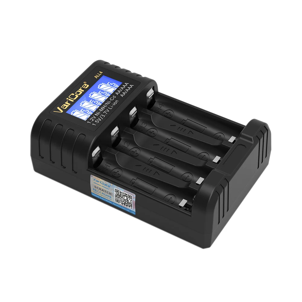شاحن بطارية صغير مريح من VariCore ALL4 AA/AAA مكون من 4 فتحات لـ 1.2 فولت Hi-MH و1.5 فولت/3.7 فولت ليثيوم أيون مع شاشة LCD